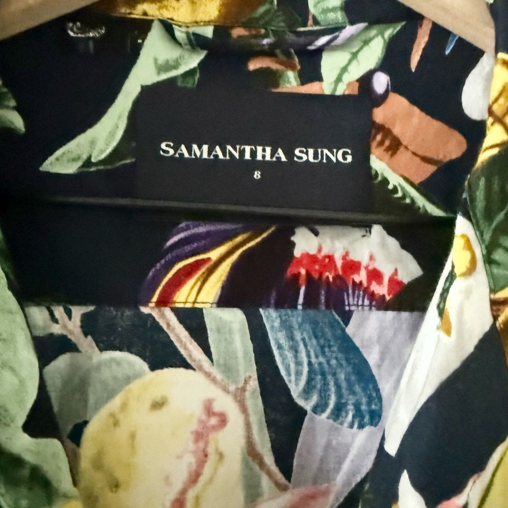 SAMANTHA SUNG Button Front Shirt Dress with Pleated Skirt in Navy Botanical - 8 - Picture 5 of 7
